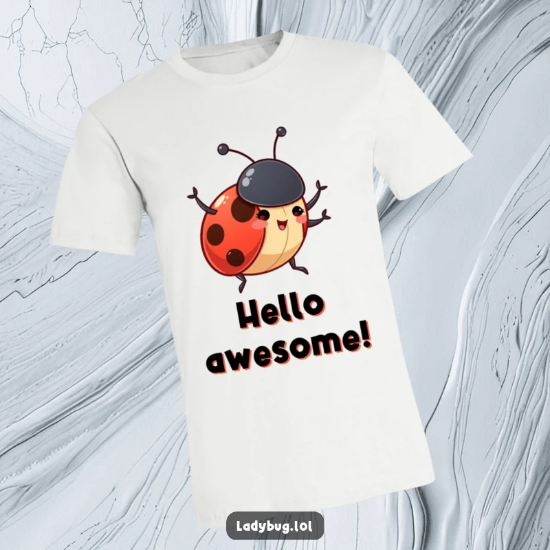 Funny ladybug t-shirt featuring a gleeful insect character excitedly waving its tiny antennae, radiating pure happiness.