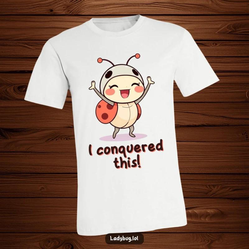 Funny ladybug t-shirt featuring a delighted insect character in a triumphant little dance pose, radiating pure joy.