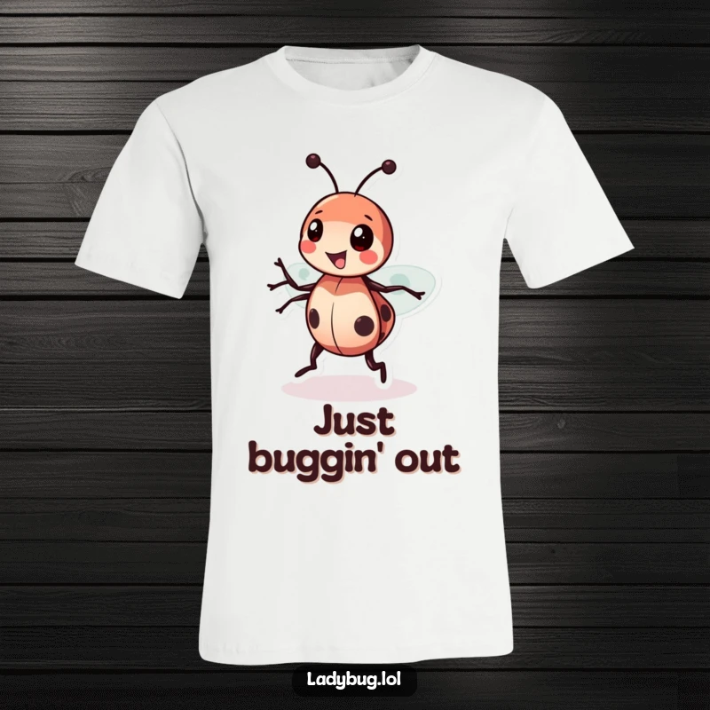 Funny Ladybug Spin T-Shirt showing a cheerful ladybug in a happy spinning motion, ideal for humor-loving fans.