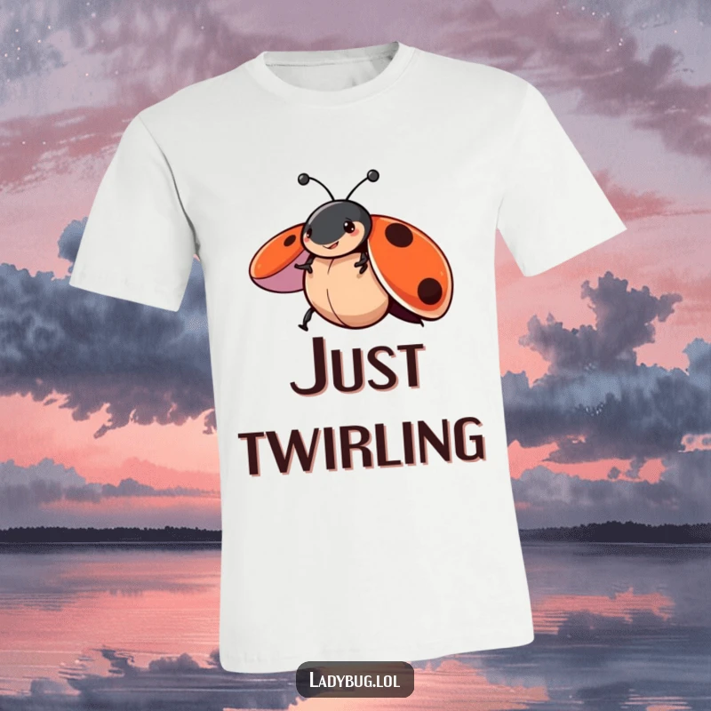 Funny t-shirt depicting a ladybug character joyfully spinning with its wings wide open, celebrating movement and playful energy.