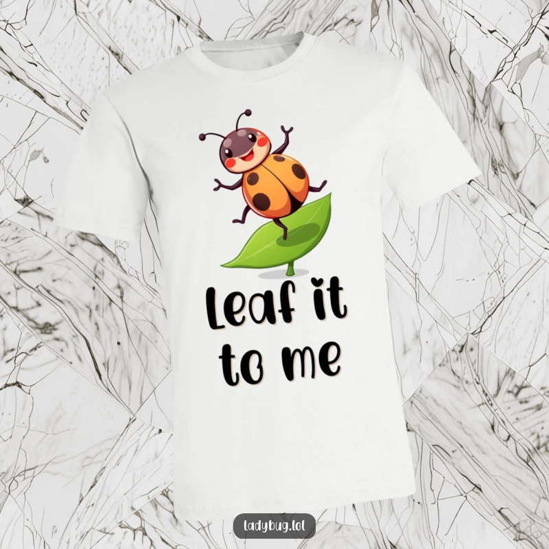 Funny ladybug t-shirt depicting a cheerful ladybug doing a joyful cartwheel on a leaf, celebrating active happiness.