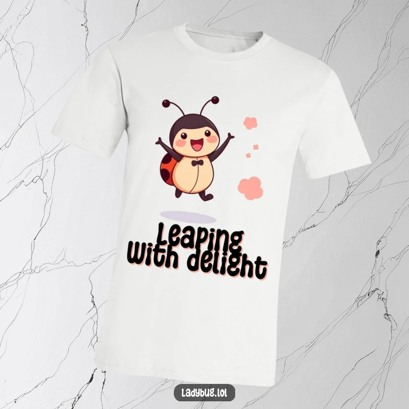Funny jumping ladybug t-shirt depicts a happy bug mid-jump, symbolizing excitement and celebratory fun.