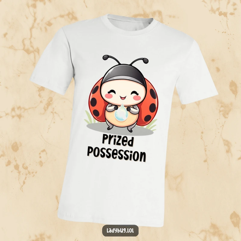Funny ladybug t-shirt featuring a happy ladybug character proudly carrying a shiny dewdrop like a grand prize, full of cheerful accomplishment.