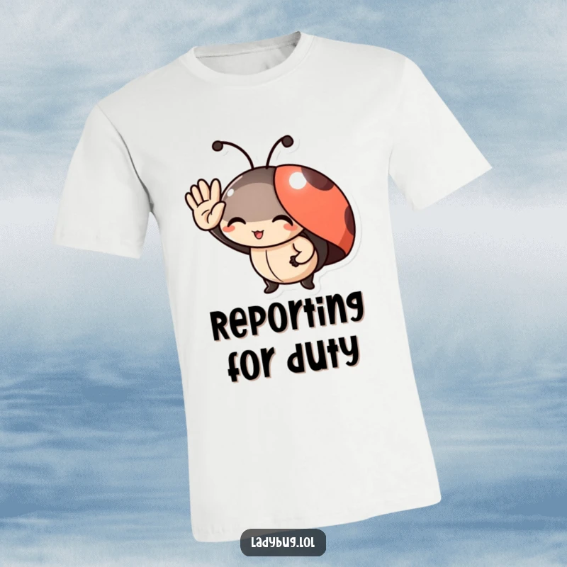 Funny T-Shirt: A delighted ladybug character performing a charming, tiny salute, expressing joy and friendliness.
