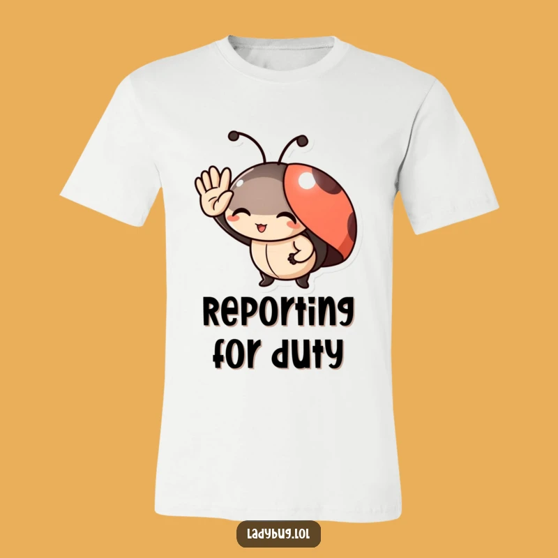 Funny Ladybug Salute T-Shirt: Delighted Character's Tiny Gesture of Joy!