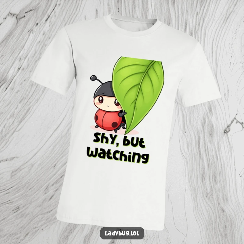 Funny t-shirt depicting a curious ladybug character peeking slyly from beneath a vibrant green leaf, full of mischief.