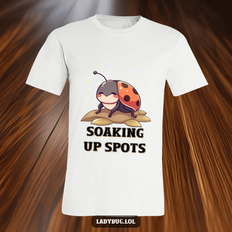 Funny t-shirt showing a contented ladybug basking in a sunbeam, symbolizing peace and comfort.