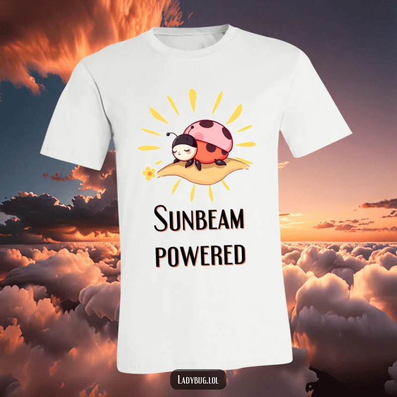 Funny T-Shirt: A charming ladybug character caught in a peaceful nap atop a stylized, bright sunbeam.