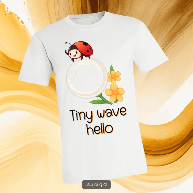 Funny ladybug cheerfully waves from atop a giant dewdrop, looking delighted on a fun t-shirt.