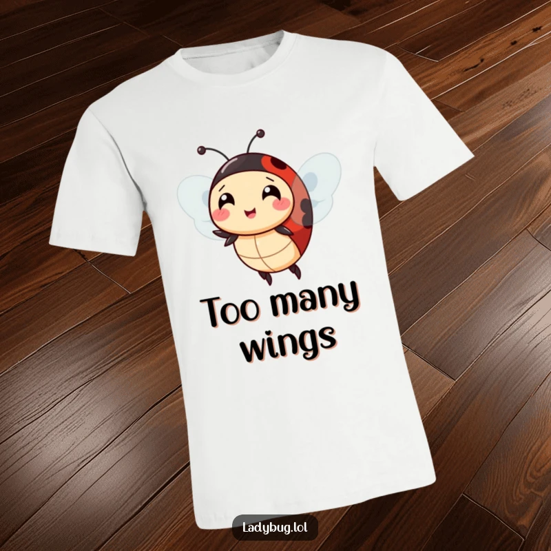 Funny ladybug extra wings t-shirt, depicting the character comically attempting to fly with too many wings, a humorous bug.