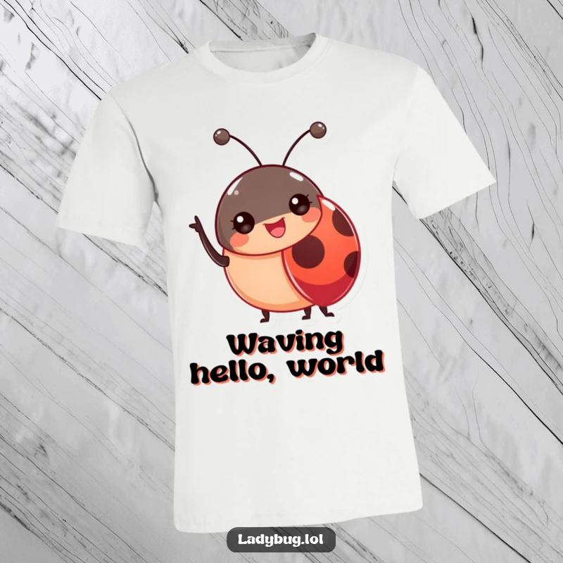Funny Ladybug Antennae T-Shirt depicting a cheerful ladybug waving its antennae, ideal for humor-loving insect fans.