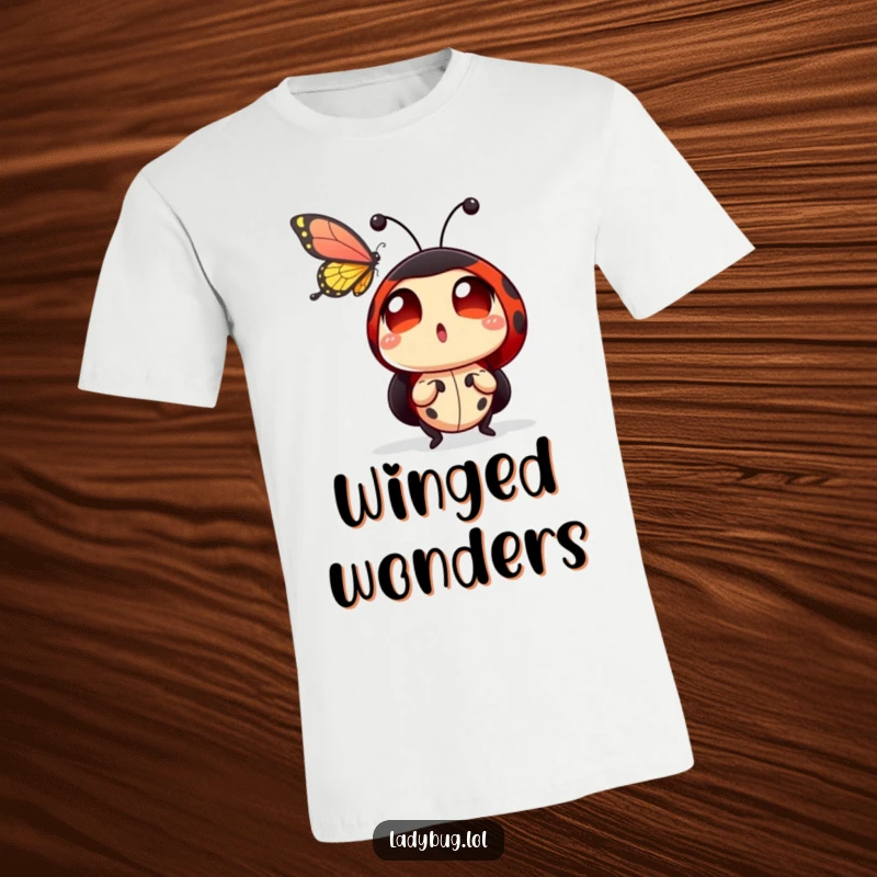 Funny ladybug t-shirt with a ladybug character displaying comically large, astonished eyes, watching a butterfly in flight with fascination.