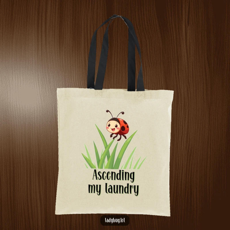 Funny giggling ladybug character climbing a blade of grass, a stylish and humorous tote bag for everyday use.