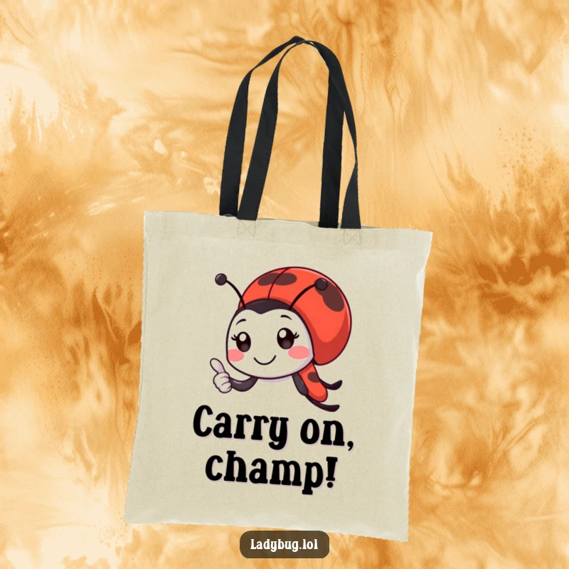 Funny ladybug tote bag featuring a smiling ladybug character giving a tiny, enthusiastic thumbs-up, adding positive flair.