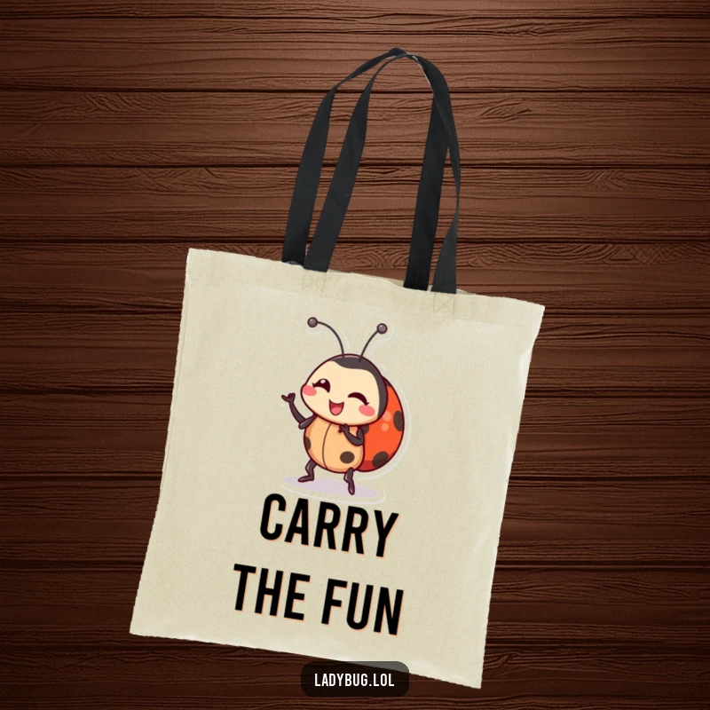 Funny ladybug tote bag showcasing a cartoony ladybug doing a hilarious dance, wiggling its body with infectious, happy energy.