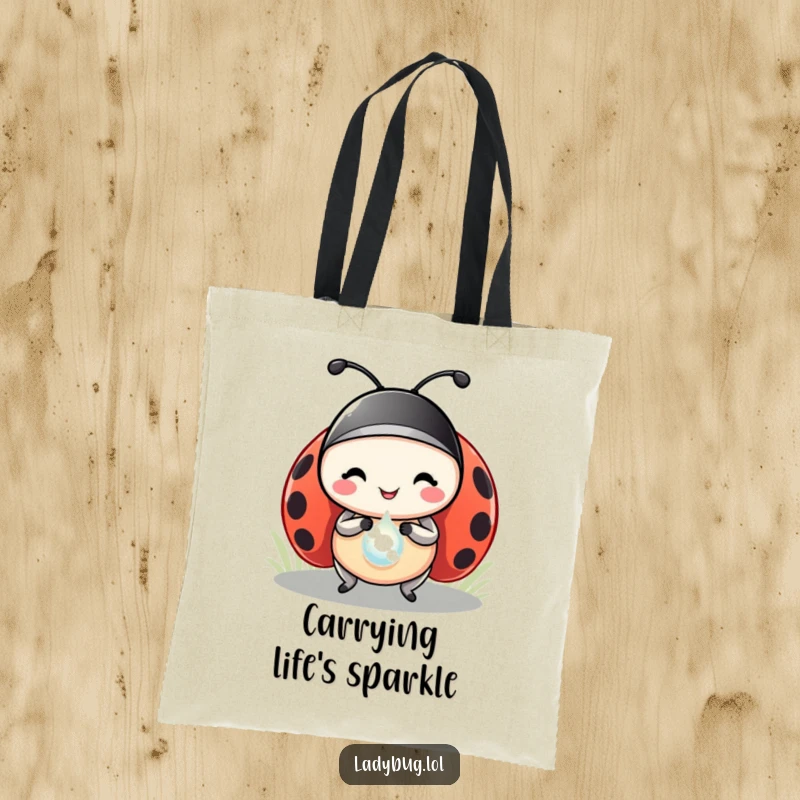 Funny ladybug tote bag featuring a jubilant ladybug protagonist holding a precious dewdrop like a grand prize, perfect for errands.