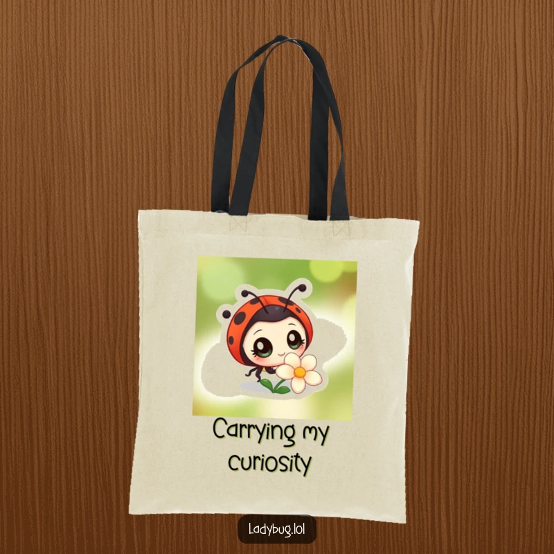 Funny tote bag with a ladybug character possessing large, bright eyes, curiously observing a flower, symbolizing inquisitiveness and gentle observation.