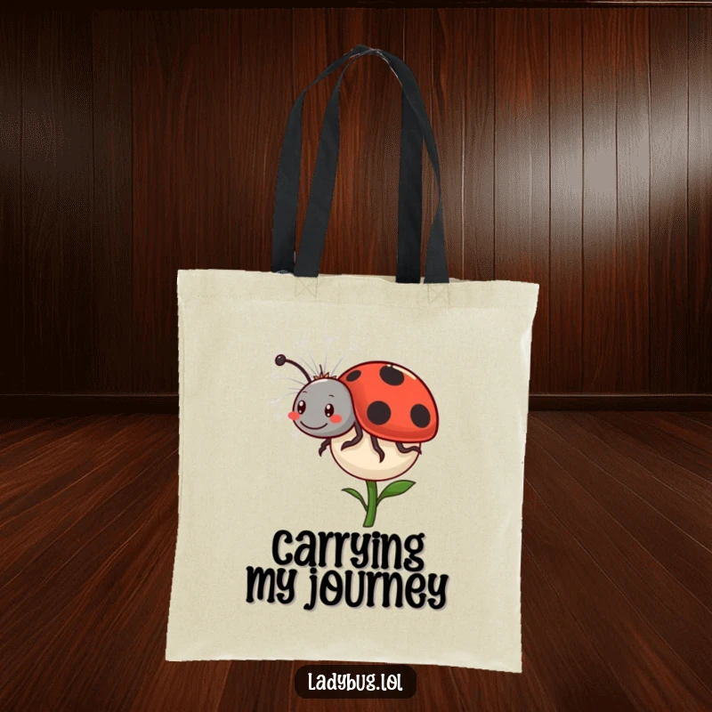 Funny Ladybug Dandelion Tote Bag: A happy ladybug comically rides a floating dandelion seed, perfect for carrying your essentials with charm. Cute and functional.