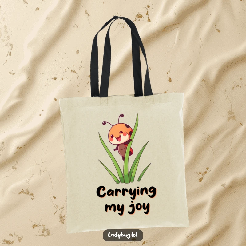 Funny tote bag showcasing a joyful ladybug character happily climbing a tall blade of grass, perfect for daily journeys.