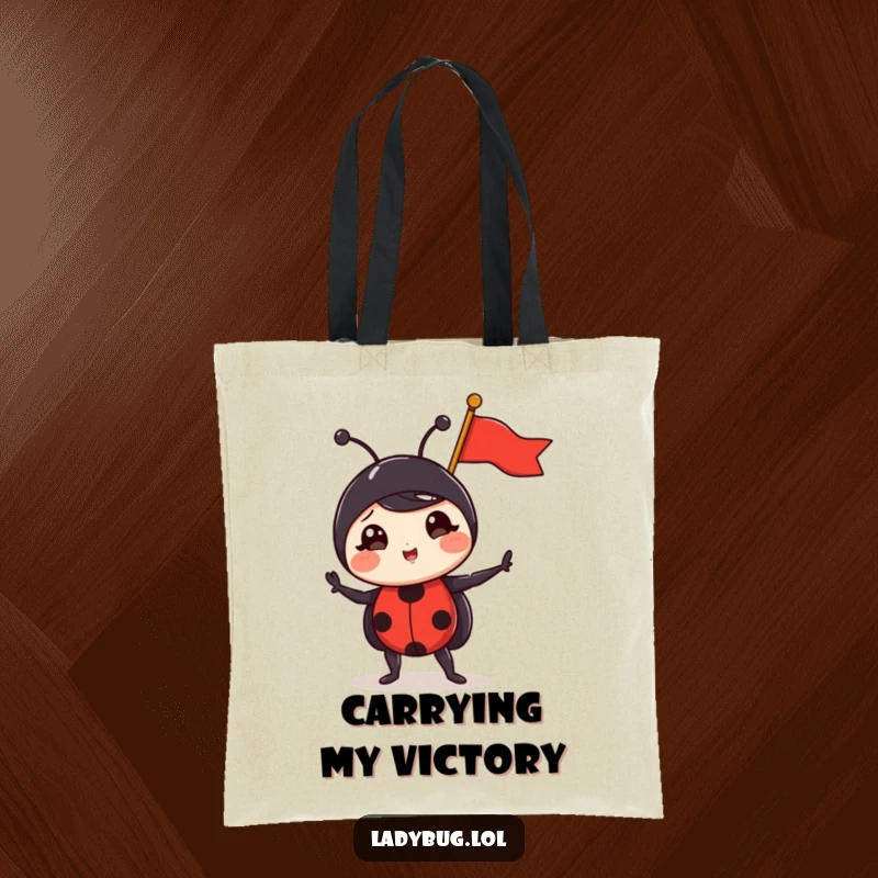Funny ladybug tote bag depicting a comical ladybug posing proudly with a tiny, triumphant flag, perfect for carrying goods with humor.