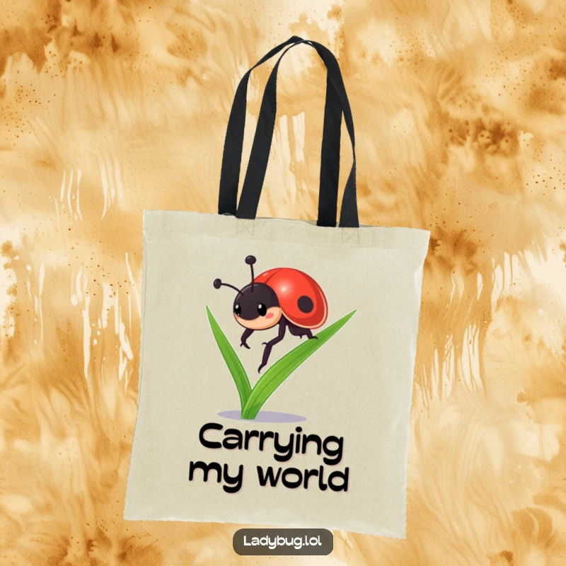 Funny ladybug tote bag: a determined ladybug character climbing a blade of grass, showing perseverance and an adventurous spirit.