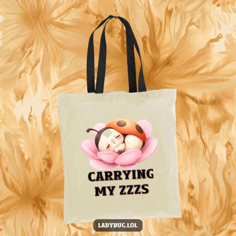 Funny tote bag with a ladybug character peacefully sleeping on a soft petal, symbolizing tranquility and a love for rest.