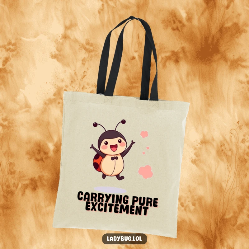 Funny jumping ladybug tote bag, showing a bug leaping, practical and cheerful for carrying essentials.