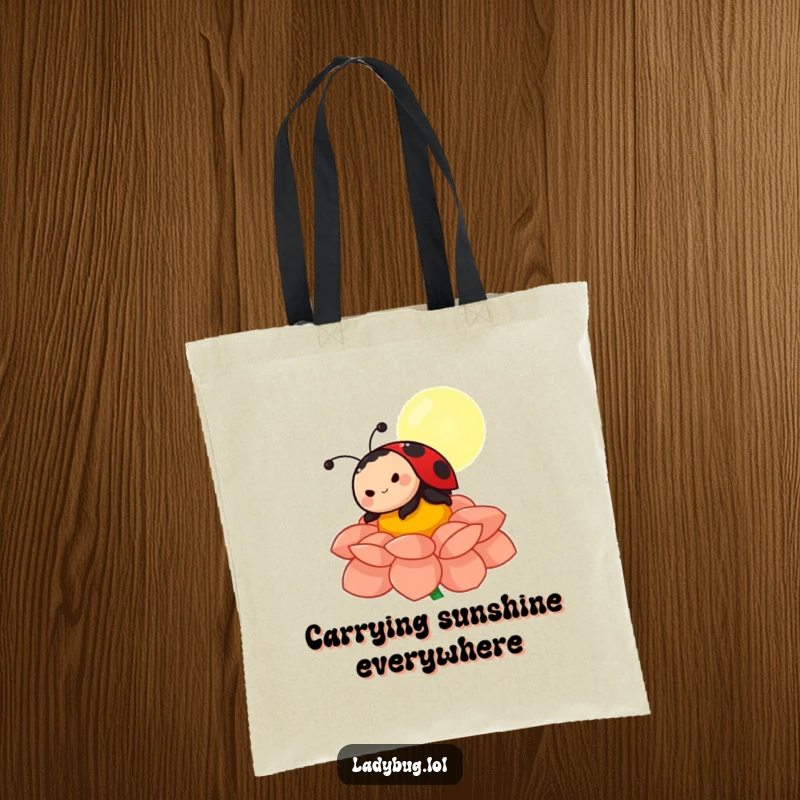 Funny ladybug tote bag with a joyful character sunbathing on a flower petal, perfect for carrying daily items with a smile.