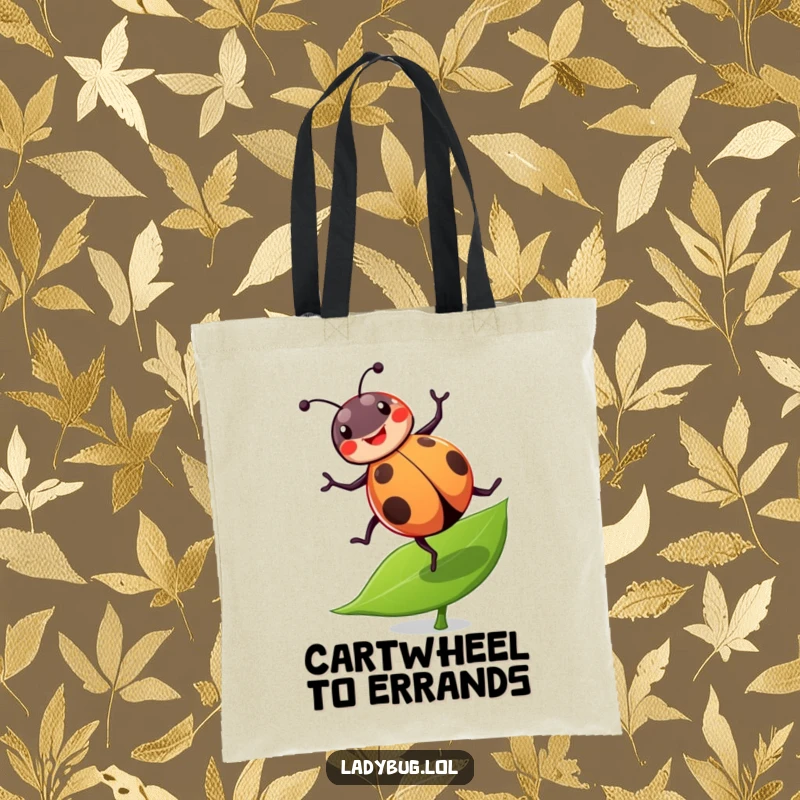 Funny ladybug tote bag illustrating a cheerful ladybug doing a joyful cartwheel on a leaf, great for stylish, humorous carrying.