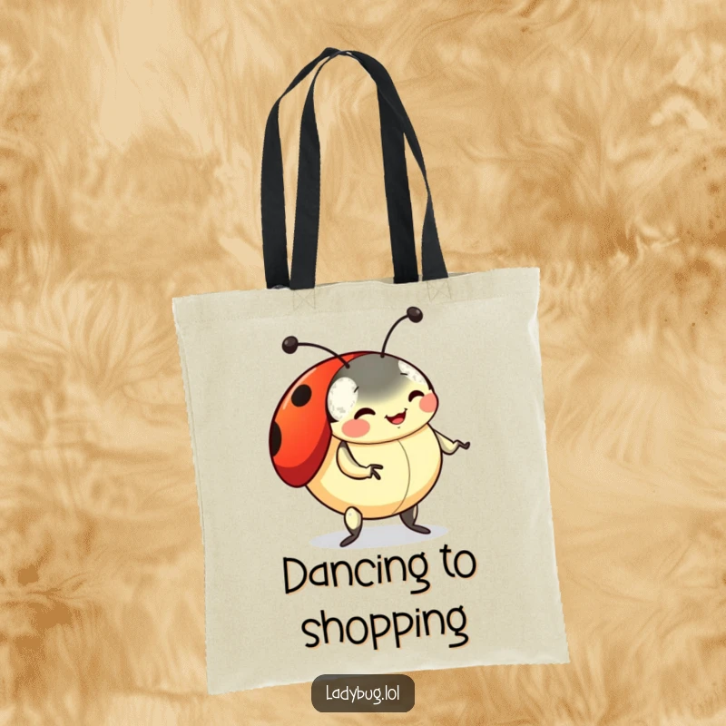 Funny ladybug tote bag illustrating a playful ladybug doing a silly dance with wiggling antennae, perfect for humorous carrying.