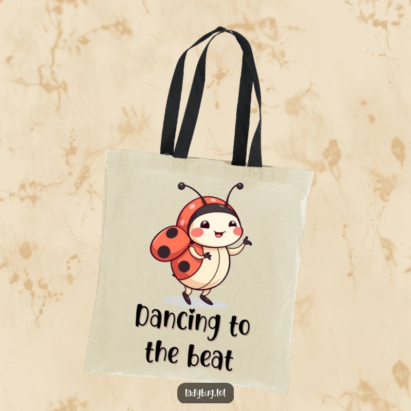 Funny ladybug tote bag featuring a cute character doing a happy little dance, perfect for carrying items with a joyful and energetic flair.