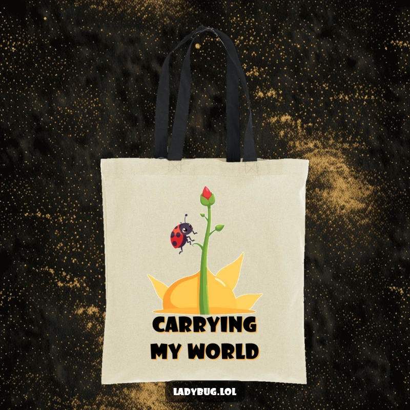 Funny determined ladybug tote bag depicting a ladybug character climbing an abstract plant stem, perfect for daily use.