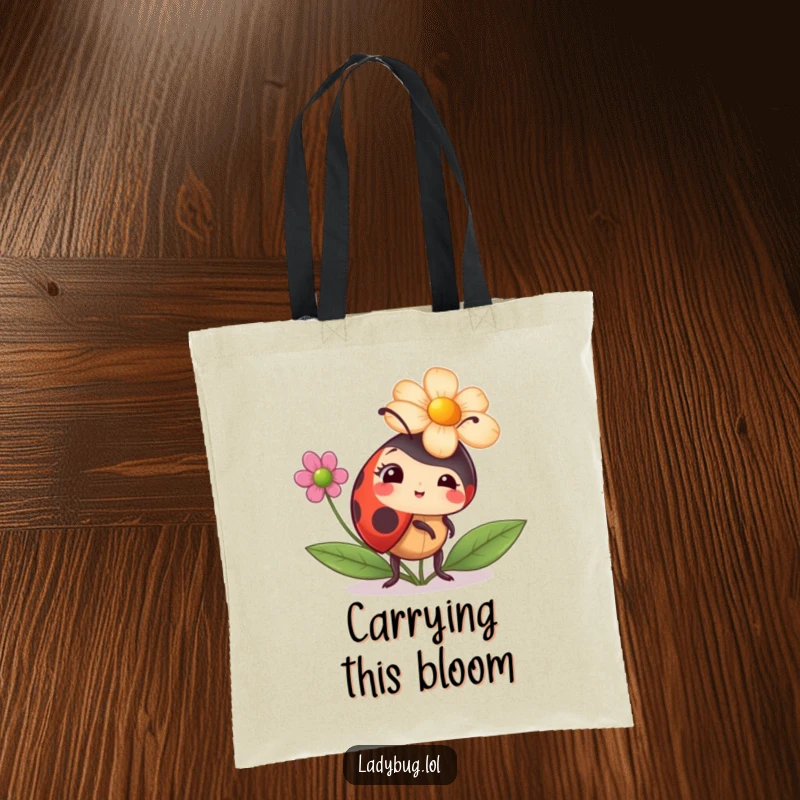 Funny ladybug tote bag depicting a ladybug comically trying to wear a flower as a hat, a humorous and practical accessory.