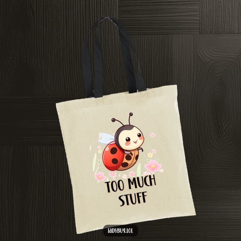 Funny tote bag illustrating a happy ladybug with tiny wings, zooming through the air with a sense of freedom and joy.