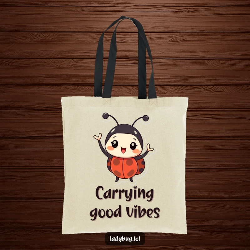 Funny ladybug tote bag with a happy bug enthusiastically waving its antennae. Practical and humorous.