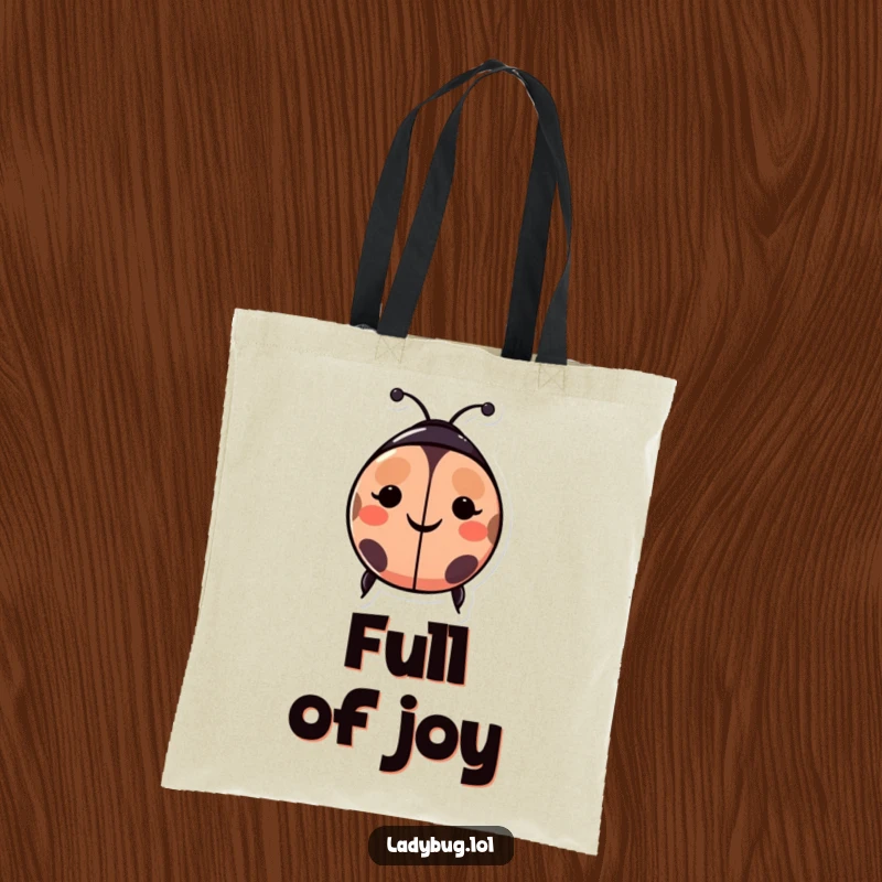 Funny ladybug tote bag: a happy ladybug character whose spots create a smiley face, symbolizing joy and a positive outlook.