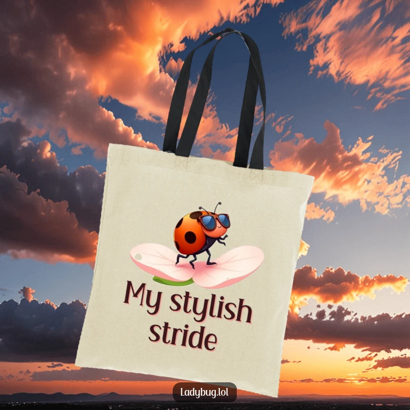 Funny ladybug tote bag with a ladybug wearing tiny sunglasses, cheerfully jogging across a petal, a humorous and stylish accessory.