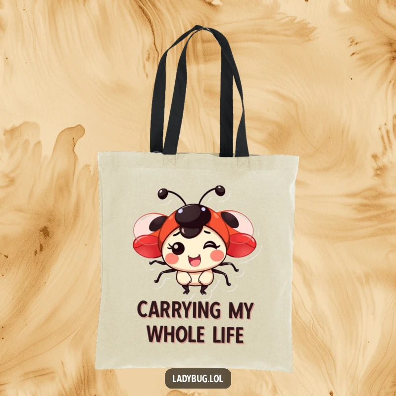 Funny tote bag depicting a happy ladybug with bright red wings, ideal for carrying daily items with a smile.