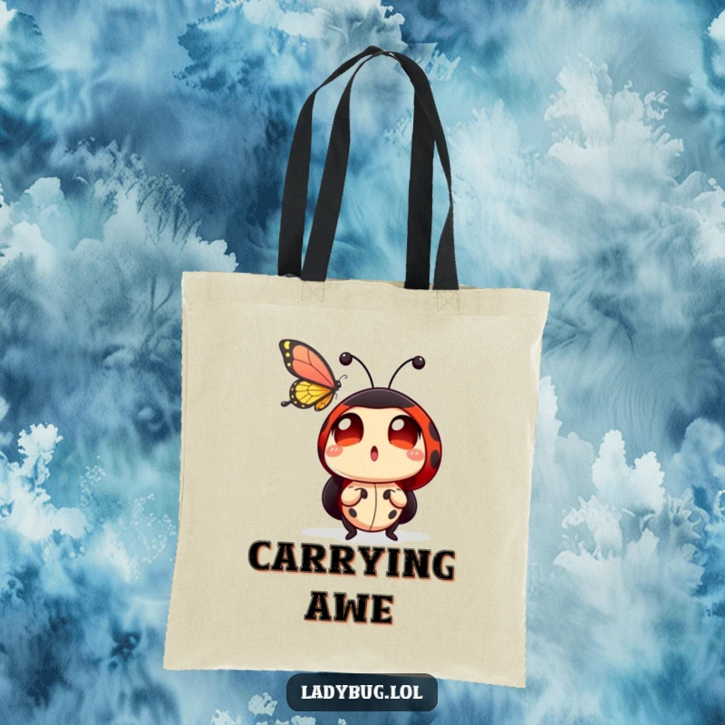 Funny ladybug tote bag depicting a ladybug character with exceptionally large, surprised eyes, watching a butterfly gracefully fly by.