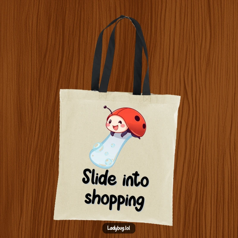 Funny ladybug tote bag illustrating a delighted ladybug sliding down a dewdrop, perfect for humorous and stylish carrying.