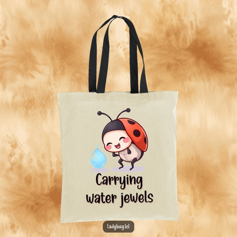 Funny ladybug tote bag showing a jovial insect character playfully bumping into a dewdrop, perfect for carrying gentle happiness.
