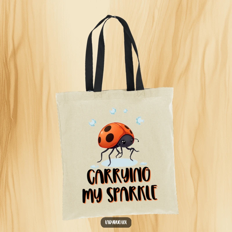 Funny Ladybug Dewdrop Tote Bag: A giggling ladybug comically juggles dewdrops, perfect for carrying your essentials with flair. Cute and functional.