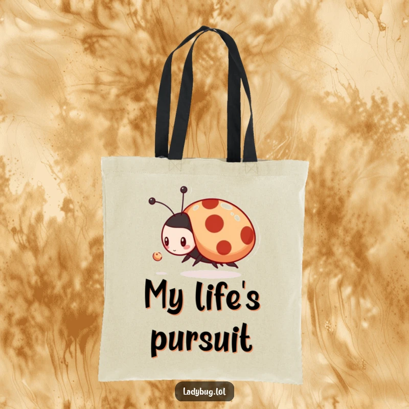 Funny tote bag showcasing a playful ladybug character enthusiastically chasing a tiny dust mote, perfect for everyday use.