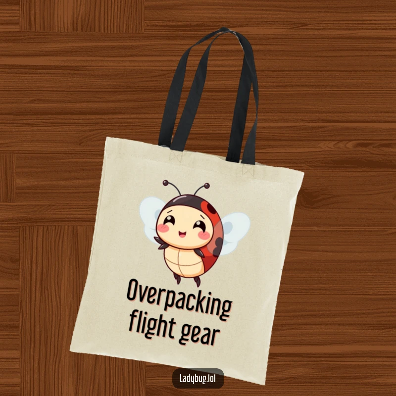 Funny ladybug extra wings tote bag, the character comically attempting to fly with extra wings, a humorous and practical bag.