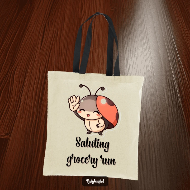 Funny Tote Bag: A delighted ladybug character offering a cute, tiny salute, bringing cheer while carrying necessities.