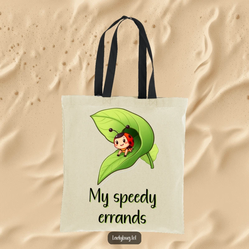 Funny ladybug tote bag showing a cheerful insect character zooming down a leaf like a slide, perfect for carrying fun.