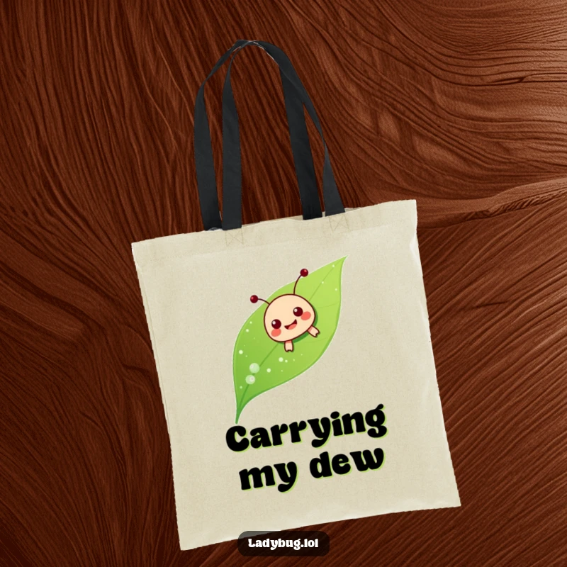 Funny ladybug sliding tote bag, the character joyfully sliding down a dewy leaf, a humorous and practical bag.