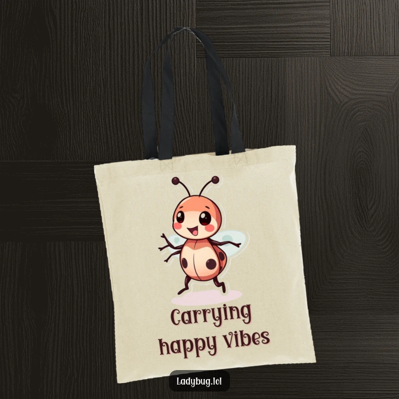 Funny Ladybug Spin Tote Bag illustrating a happy ladybug spinning joyfully, ideal for shopping and daily use.