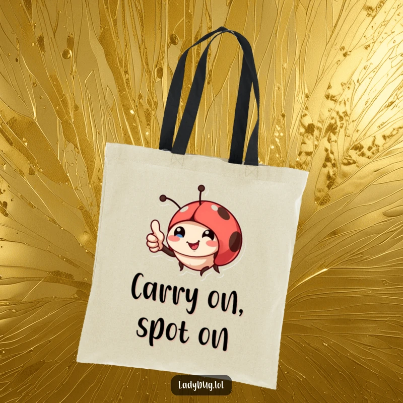 Funny tote bag with a smiling ladybug giving a thumbs up, ideal for shopping and carrying essentials with style.