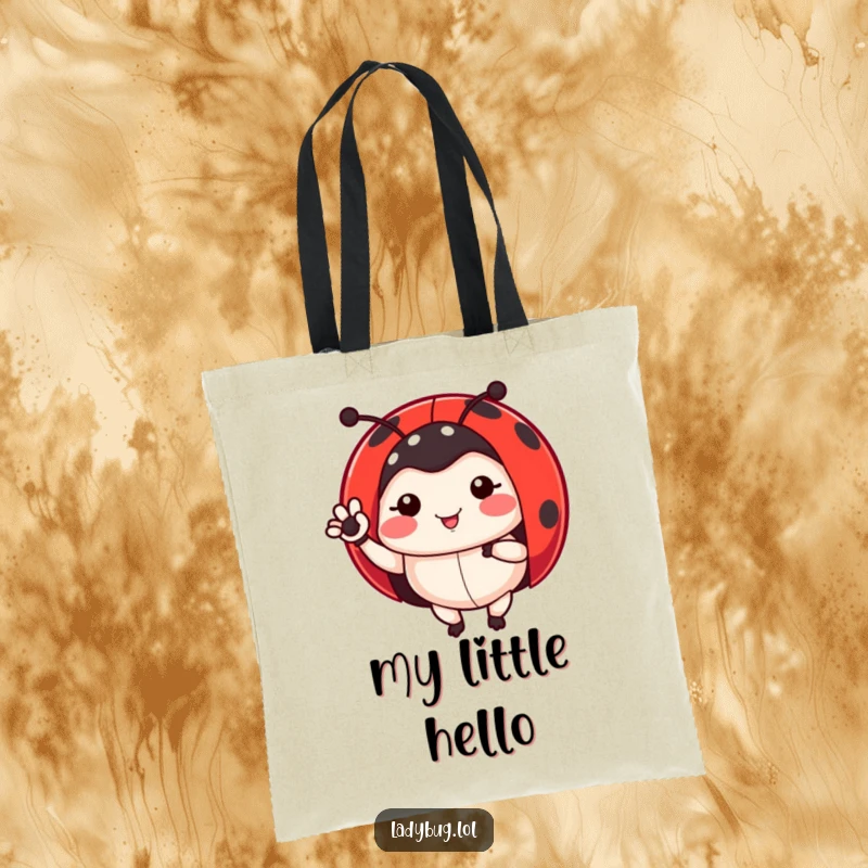 Funny ladybug tote bag illustrating a ladybug waving a leg, practical and charming for garden lovers.